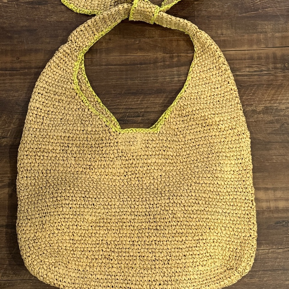 Woven Tan Tote with bright lime green  Pouch - Picture 2 of 3